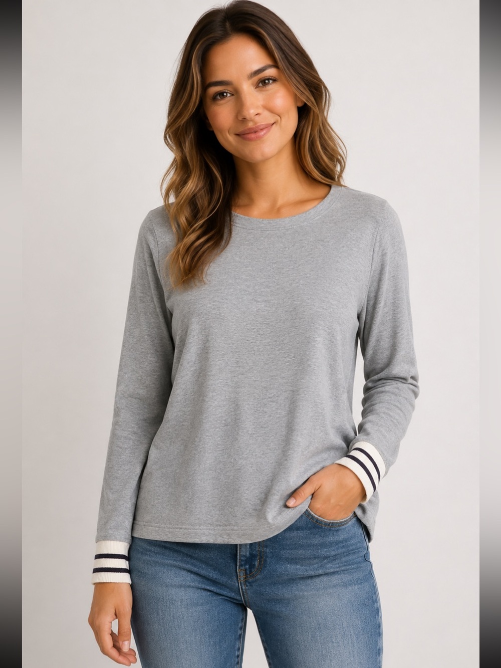 Mono B Gray Long Sleeve Crewneck Top Soft Stretch - Size L